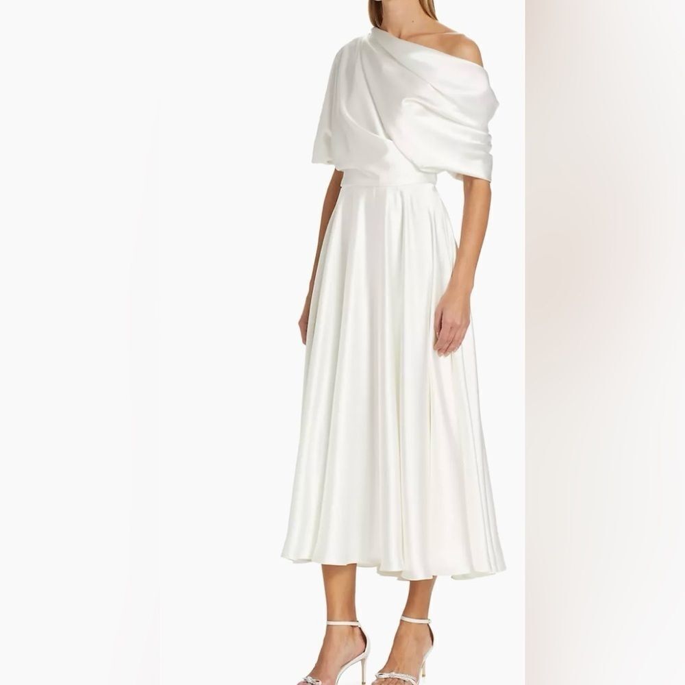 Amsale Draped Lustrous Satin One-Shoulder Midi-Dress In Color Ivory Size 6